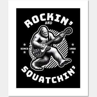 Bigfoot Playing Guitar Funny Sasquatch Rockin and Squatchin Posters and Art